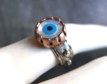 Evil Eye Ring, Sterling Silver and Copper, Turkish Mother of Pearl, Size 6.25