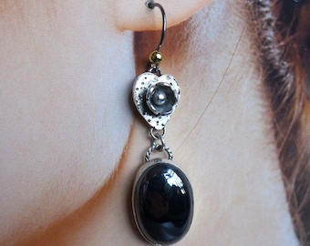 Black Hematite Sterling Silver Heart Flower Earrings, Long Shiny Stone Earrings