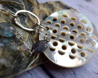 Large White Mother of Pearl Shell Necklace, Sterling Silver Labradorite Moonstone Bead Pendant
