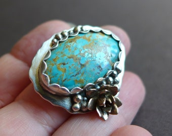 Statement Turquoise Ring Size 7 3/4 American Turquoise Botanical Succulent Artisan Ring Sterling Silver Bronze Mixed Metals, Gift for Her