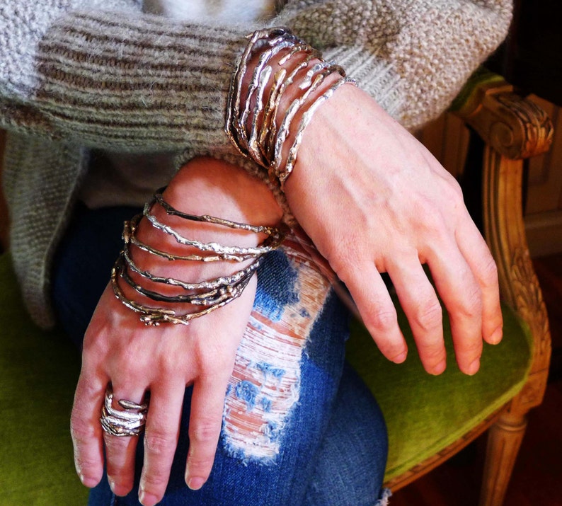 Textured Twig Thin Cuff Bracelet, Sterling Silver Stackable Twig Bracelet, Wedding Twig Artisan Bracelet, Winter Branch Jewelry image 4