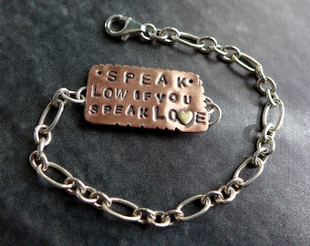 Shakespeare Love Quote Stamped Copper Bracelet Sterling Chain. Speak Low if you Speak Love, Much Ado About Nothing