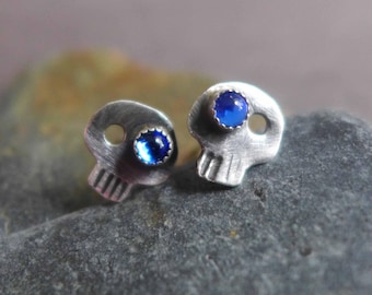 Tiny Sterling Silver Skull Stud Earrings, Colored Glass Eyes