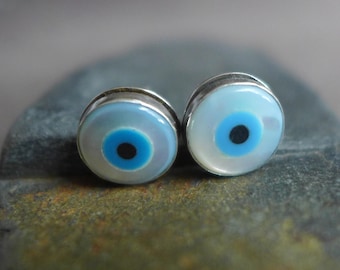 Turkish Evil Eye Protection Spiritual Stud Earrings, Light Blue MOP Eyeball Posts