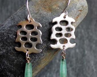 Honeycomb Dangle Earrings, Sterling Silver Green Feldspar Folk Talisman Jewelry
