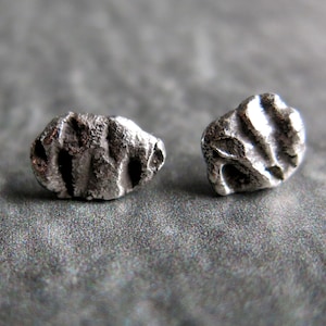 May include: Two small, silver-colored stud earrings. Each earring has a textured, organic shape with ridges and grooves. The earrings are displayed on a gray surface, with a soft focus background.