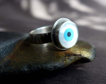 Sterling Silver Evil Eye Protection Ring, Light Blue Turkish MOP Spiritual Good Luck Talisman