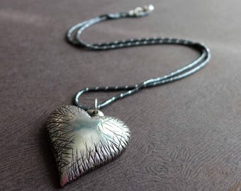 Chunky Sterling Silver Heart Statement Necklace, Scarred Battered Textured Heart Love Pendant