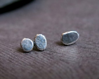 Sterling Silver Asymmetrical Pebble Stud Earrings, Recycled Silver Post Earrings, Unisex Stud Earrings, Elemental Minimalist Posts