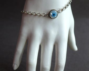 Sterling Silver Chain Evil Eye Bracelet, MOP Blue White Protection Charm Bracelet