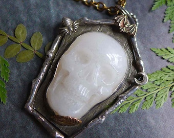 Gothic Coffin Necklace, White Jade Skull Pendant, Sterling Silver & Brass, Memento Mori Jewelry