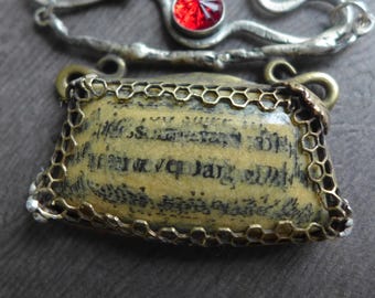 Book Micarta Mystical Gothic Artisan Necklace, Bible Pages Mixed Metal OOAK Unusual Textured Assemblage Red Black Sterling Silver Brass