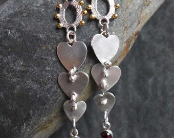 Sterling Silver  18K Gold Dangly Hearts and Garnet Earrings, Love Gift, Gift for Her, Red Silver Love Earrings