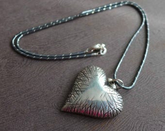 Chunky Sterling Silver Heart Necklace, Battered Textured Heart Pendant, Statement Love Jewelry