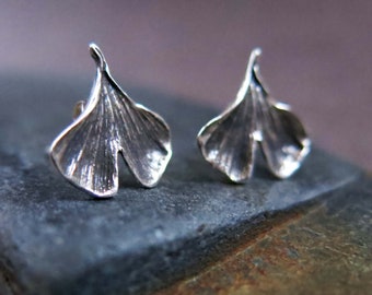 Gingko Leaf Earrings in Sterling Silver, Silver Leaf Stud Earrings, Tiny Botanical Earrings, Unisex Earrings, Plant Tree Lover Gift