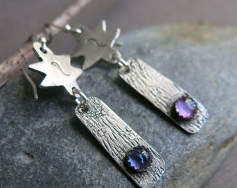 Brutalist Sterling Silver Iolite Amethyst Star Earrings Rustic Texture