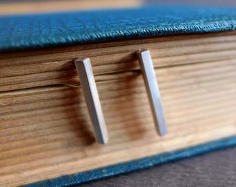 Sterling Silver Vertical Line Thin Bar Stud Earrings, Minimalist Silver Jewelry, Geometric Posts