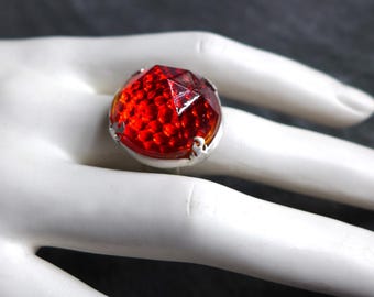 Red UV Cadmium Dimpled Glass Round Reflector Sterling Silver Statement Ring, MTO Chunky Ring