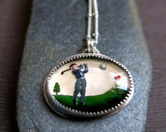 Vintage Glass Golfing Man Necklace, Vintage Cabochon Sport Jewelry, Mid Century Glass Novelty Jewelry, Sport Golf Necklace