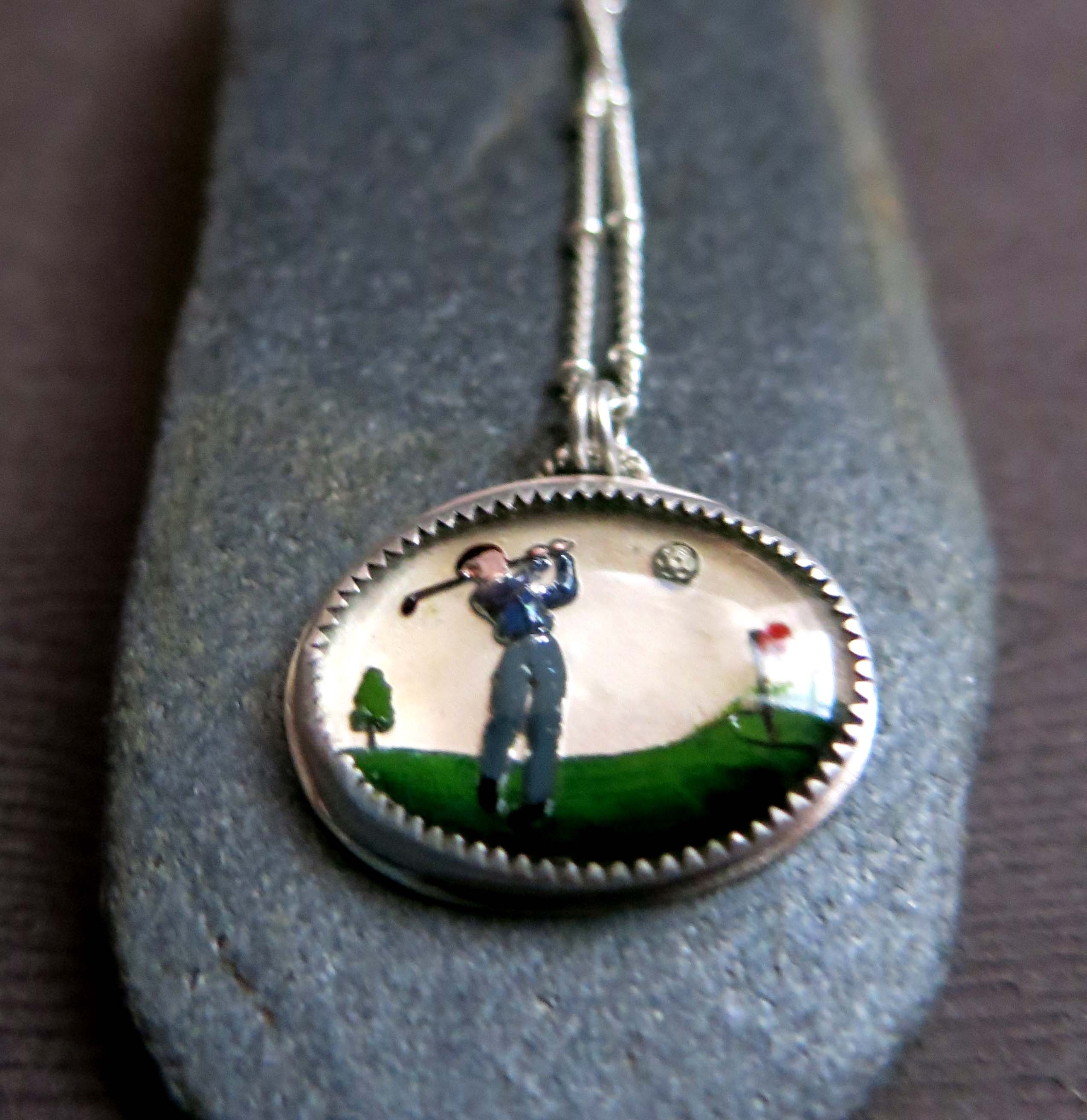 Vintage Glass Golf Necklace, Mid Century Sport Novelty Pendant for