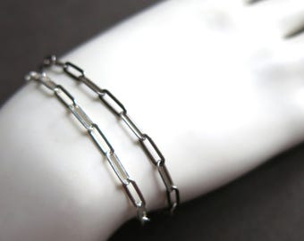 Sterling Silver Paperclip Chain Minimalist Bracelet, 7 Inches Long Oxidized or Bright Silver
