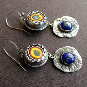 Kenworth Truck Ohio Fordite, Lapis and Sterling Silver Earrings, Blue Red Yellow Bullseye Car Paint Detroit Agate OOAK Automotive Earrings