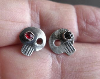 Tiny Sterling Silver Skull Earrings, Red Green Jewel Eyes