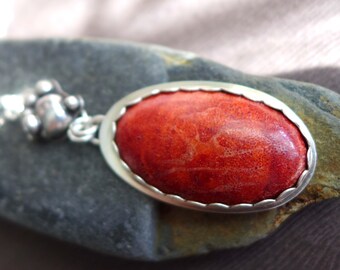 Large Red Sponge Coral 925 Sterling Silver Pendant Necklace, Oval Red Gemstone Pendant
