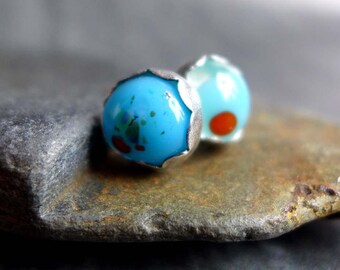 Cerulean Blue Fused Glass Stud Earrings, Colorful Art Glass Earrings, Sterling Silver Posts, Blue Red Green Jewelry