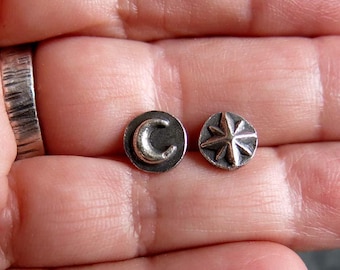 Sterling Silver Silver Crescent Moon and Star Celestial Stud Earrings, Elemental Minimalist Unisex Posts