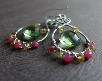 Green Amethyst Quartz, Ruby, Golden Whisky Champagne Citrine Sterling Silver Earrings, Dangly Green Pink Yellow Gemstone Earrings