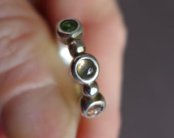 Sterling and Tourmaline Size 6 Stacking 3 Stone Ring, Multi Stone Gemstone Green Pink Gemstones