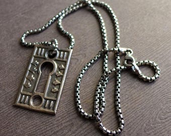 Bronze Vintage Keyhole Necklace, Unisex Industrial Steampunk Textured Escutcheon Necklace, Gift for Him