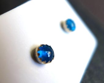 Neon Bright Blue Apatite Stud Earrings, Tiny 4mm Sterling Blue Stone Posts
