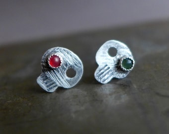 Sterling Silver Skull Earrings, Jeweled Eyes, Holiday Skeleton Studs