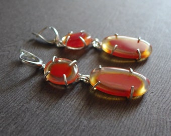 Pendientes de plata con doble gota de carnelian, pendientes de piedras preciosas de color naranja, pendientes de piedra Bullseye, pendientes de carnelian translúcidos, regalo para ella