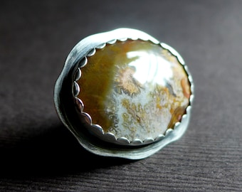 Crazy Lace Agate Sterling Silver Ring, Size 7.25 Artisan Ring, Big Cocktail Ring, Giant Gemstone Ring, Brown Crazy Lace Agate Chunky Ring