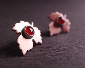 Carnelian Maple Leaf Stud Earrings, Copper Orange Gemstone, Fall Autumn Jewelry, Tree Leaf Earrings
