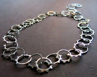 Industrial Sterling Silver Chain Necklace, Handmade Brutalist Steampunk Gears Artisan Chain, OOAK Statement Necklace