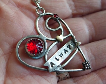 ALWAYS Sterling Silver Heart Necklace Embellished with Red Jewels Brass Heart, Love Gift for Her