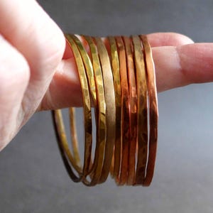 Bronze, Brass and Copper Hammered Slim Cuff Bangles Bracelets Set of 9, Boho Chic Slim Bangle Bracelets Mixed Metals