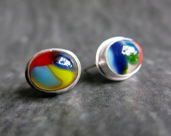 Colorful Oval Fused Art Glass Stud Earrings Chunky Bezel Set Posts Sterling Silver