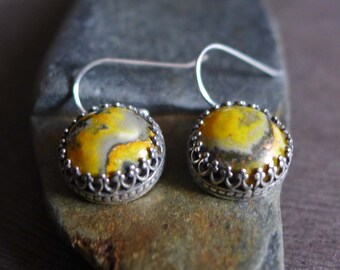 Bumblebee Jasper Silver Earrings, Yellow Orange Black Gemstone Earrings, Gemstone Button Earrings, Gift for Her,