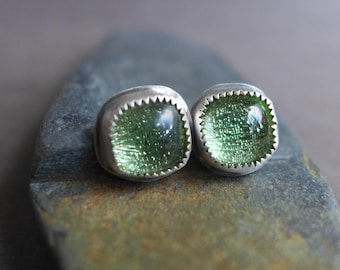 Sterling Silver and Light Green Square Crinkle Glass Stud Earrings Posts