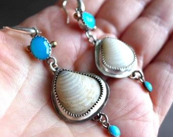 Real Seashell Earrings, Aqua Chalcedony Turquoise, Sterling Silver Bronze Mixed Metal Beach Lover Vacation Earrings