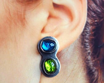 Dichroic Glass Earrings, Blue Green Sterling Silver Stud Earrings, Colorful Ocean Jewelry, Handmade Glass Earrings