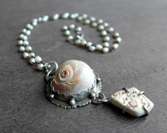 Seashell, Freshwater Pearl and Beach Pottery OOAK Sterling Silver Necklace, Beach Lover Necklace, Gift for Her, Mermaid Necklace