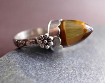 Beer Bottle Quartz Brown Gemstone Bullet Ring, Sterling Silver, Size 6.75