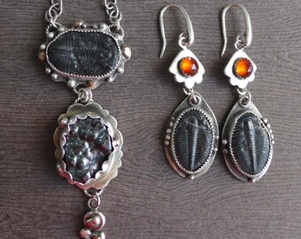 Ancient Trilobite Earrings Necklace Set, Garnet Botryoidal Manganese Sterling Silver, Geologist Gift, Rare Fossil Jewelry