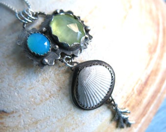 Real Seashell Necklace, Aqua Chalcedony, Prehnite and Shell Sterling Silver Pendant, Vacation Beach Necklace